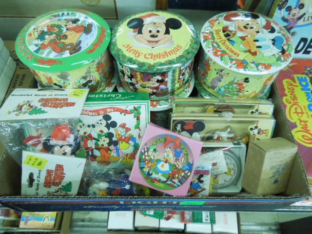 Disney Christmas collectibles: Disney Christmas collectibles including Schmid and Hallmark and other ornaments, 6 tins, box Christmas card Condition; some Hallmark boxes are as is otherwise no issues noted