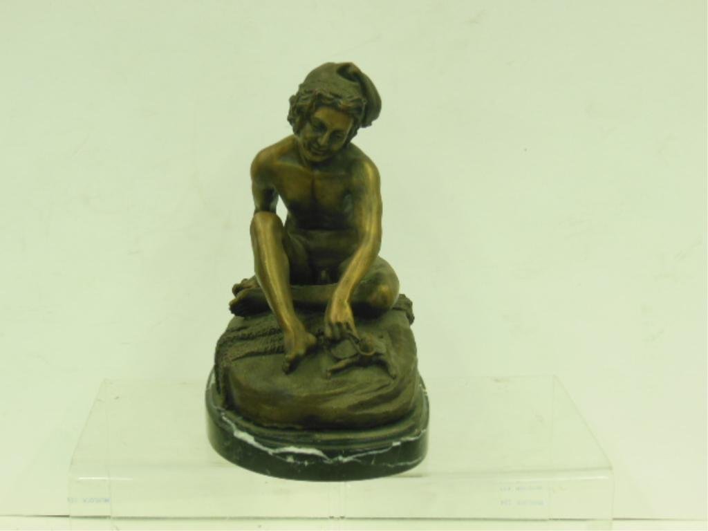 After Jean Baptiste Carpeaux Bronze Sculpture: Vintage after Jean Baptiste Carpeaux 10 1/2"(h) x 9" x (l) x 6" (w) Carpeaux signed bronze sculpture, depicting a seated nude fisherman with fishing net and turtle, mounted onto a black and white marb