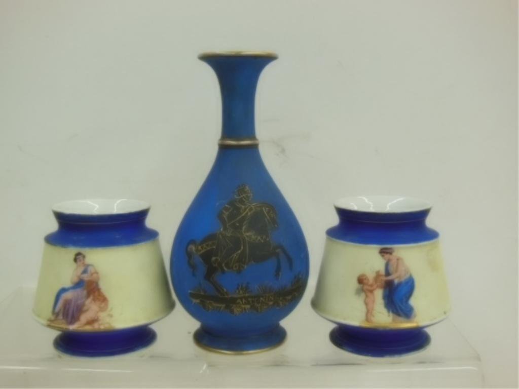 19th c. Paris Porcelain Vases: Group of three 19th c. Paris porcelain vases includes: pair of hand painted and transfer decorated Neoclassical theme 4 1/2" (h) x 4"(l) small vases and matte glazed hand painted Neoclassical theme "A