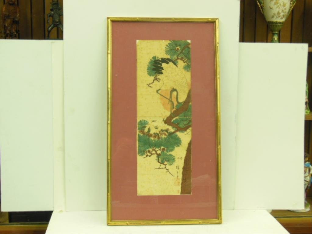 Hiroshige Japanese Woodblock Print: Hiroshigi Japanese woodblock print, 19th c. 28"h x 9 3/4"w=sheet; 37 1/4"h x 20"w=frame. CONDITION: Not examined out of frame; apparently laid down on paper backing, with small losses in upper corners