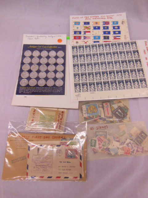 Lot Us & Foreign stamps: Lot Us & Foreign stamps including plate block, 20 cent Babe Ruth and 13 cent flags of the world mint sheet sets, plus Sunoco antique car coin Collection (25 coins on card Condition; minor wear on non