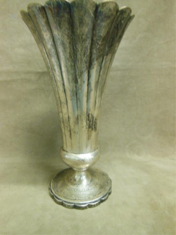 Watson Company Sterling Silver Trophy Vase: The Watson Company (Wallace Silversmiths) sterling silver 10 1/4" (h) x 6" (d) x 6" (w) trophy vase, inscribed "Fishers Island Yacht Club Maxwell Cup Sept 6 1931 Won By Cannuck", 18.7 troy ounces, mad