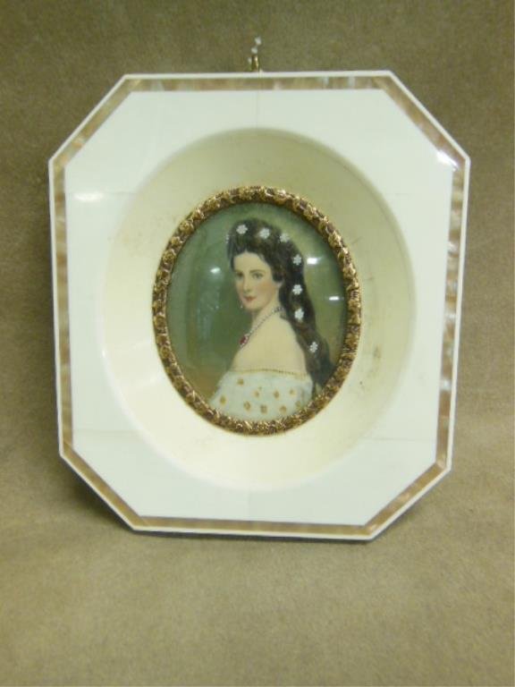 Haffke Studio Portrait Painting on Ivory: Haffke Studio miniature portrait painting on ivory, 2 1/4"(h) x 2"(d) oval painting of Empress Elisabeth of Austria which is illegibly signed by the artist, set into a 4 1/2"(h) x 4 1/4"(d) Mother of 