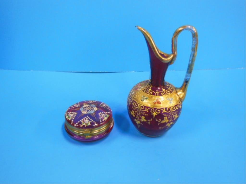 Cranberry Glass Pillbox & Cabinet Pitcher (1 of 5)