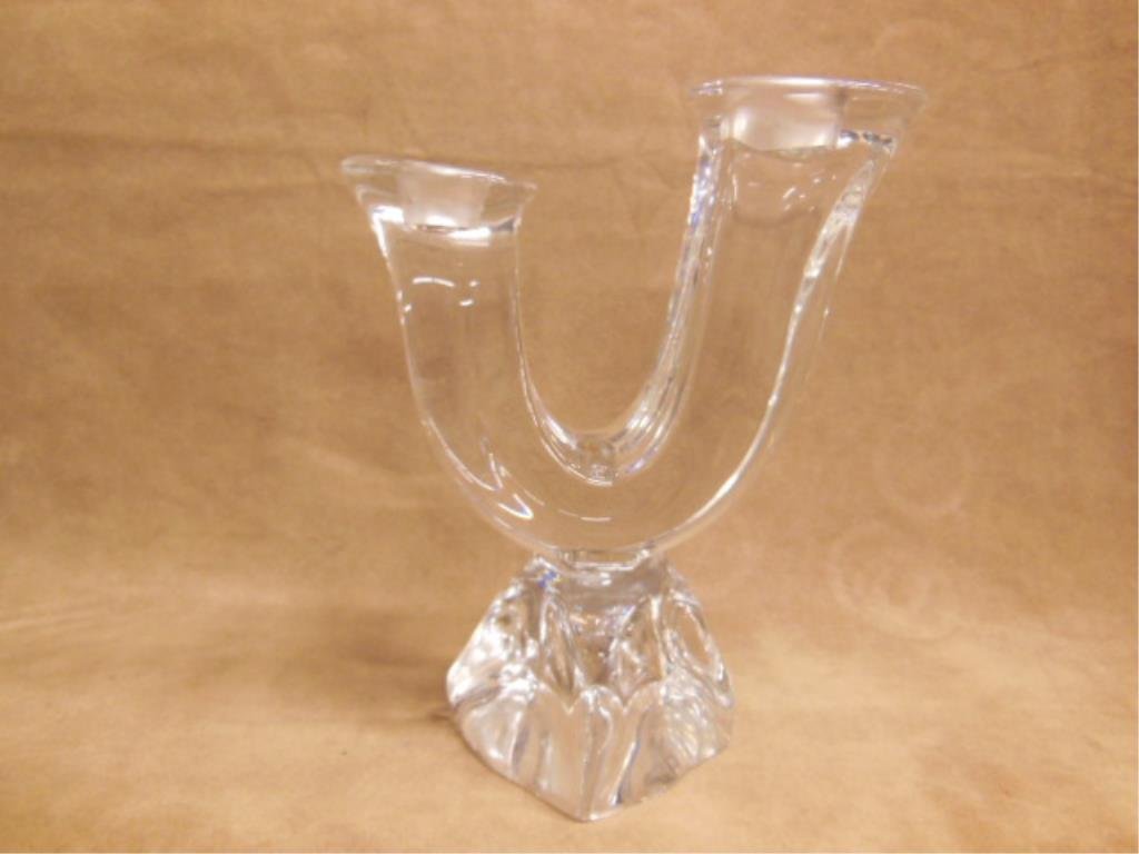 Daum Crystal Double Candlestick: Daum signed crystal glass 9"(h) x 5"(d) x 4"(w) double candlestick. CONDITION: Very good condition with no damage.