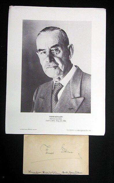 Thomas Mann signed postcard w/ photo: Thomas Mann - German author, Nobel Prize winner (1929), signed 3 1/4"x 5 1/2" postcard and unsigned 8 1/2"x 11" black and white photo.