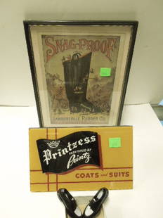 3 Vintage clothes & other advertisements: 3 Vintage clothes & other advertisements including; framed cardboard Lambertville Rubber Co. boot advertisement, 9 1/2" x 12 1/2", Printz coats and suits lucite table top standing sign 7" x 11" and pa