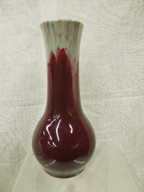 Michael Andersen Danish Pottery Vase: Early 20th C. Michael Andersen & Sons Danish art pottery burgundy flambe & taupe drip 10" (height) vase, incised marks on base M.A. & 5 Dan-mark 1404. [23] CONDITION: Areas with crazing & scratches.