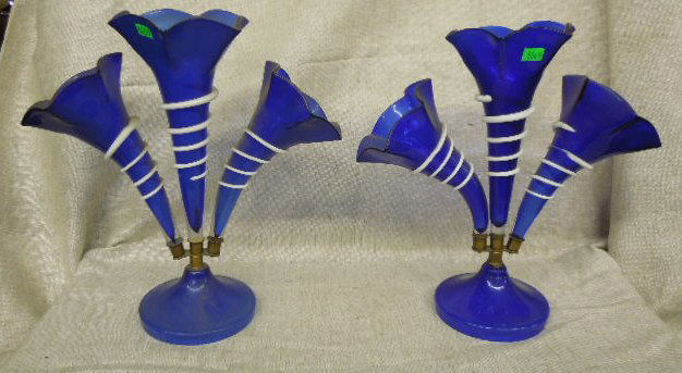 Pr Czechoslovakian Glass Epergnes: Pair of early 20th C. Czechoslovakian glass 14 3/4" (height) x 13 1/4" (length) x 5 1/2" (width) 3 section epergnes. CONDITION: Both have roughness on inner portions of bases. 1 vase holder has sectio