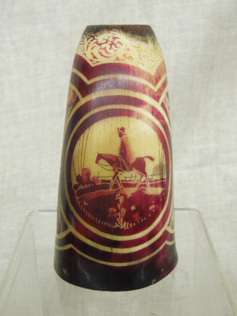 1940 Buenos Aires Souvenir Horn Cup: 1940 Recuerdo De Buenos Aires 4" (height) etched & painted horn souvenir cup decorated with Gaucho on horseback & floral designs. [51] CONDITION: Areas with seam lines & or wear.