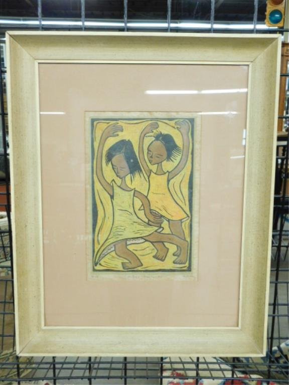 Angel Botello, Linocut, "Ninas Bailando" (1 of 4)