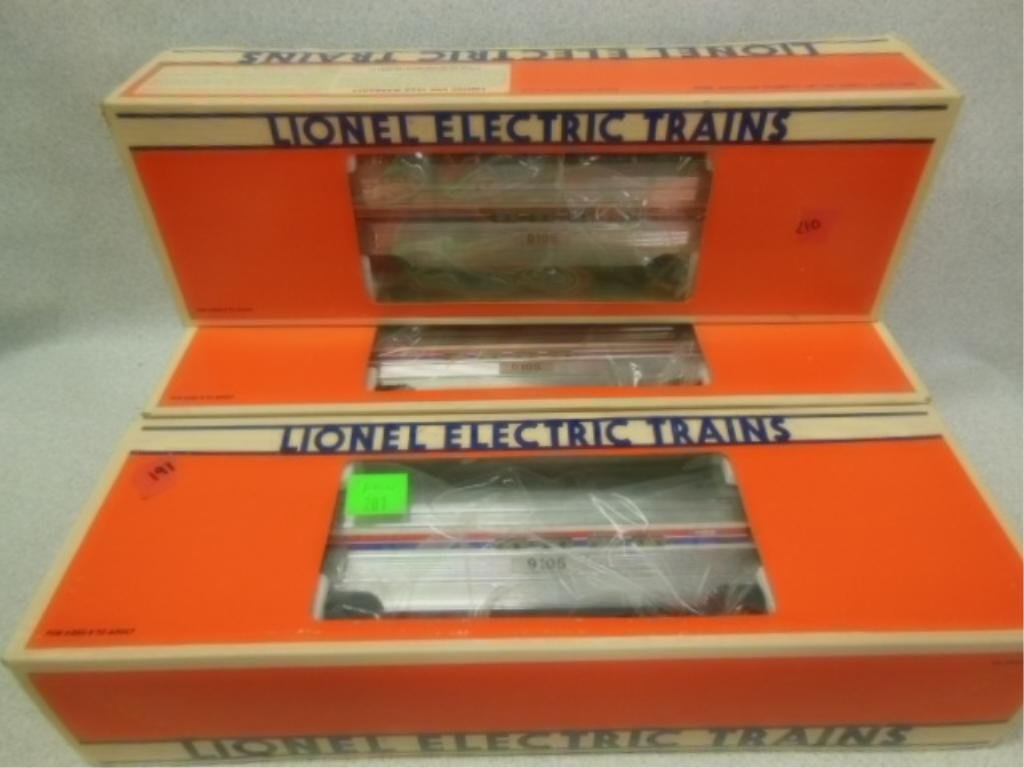 3 Lionel post war O gauge Amtrak RR cars NIB: (3) Lionel post war O gauge Amtrak railroad passenger cars, new in box Full Vista Dome cars 6-19105, Condition; boxes may have some wear, no issues on railroad cars