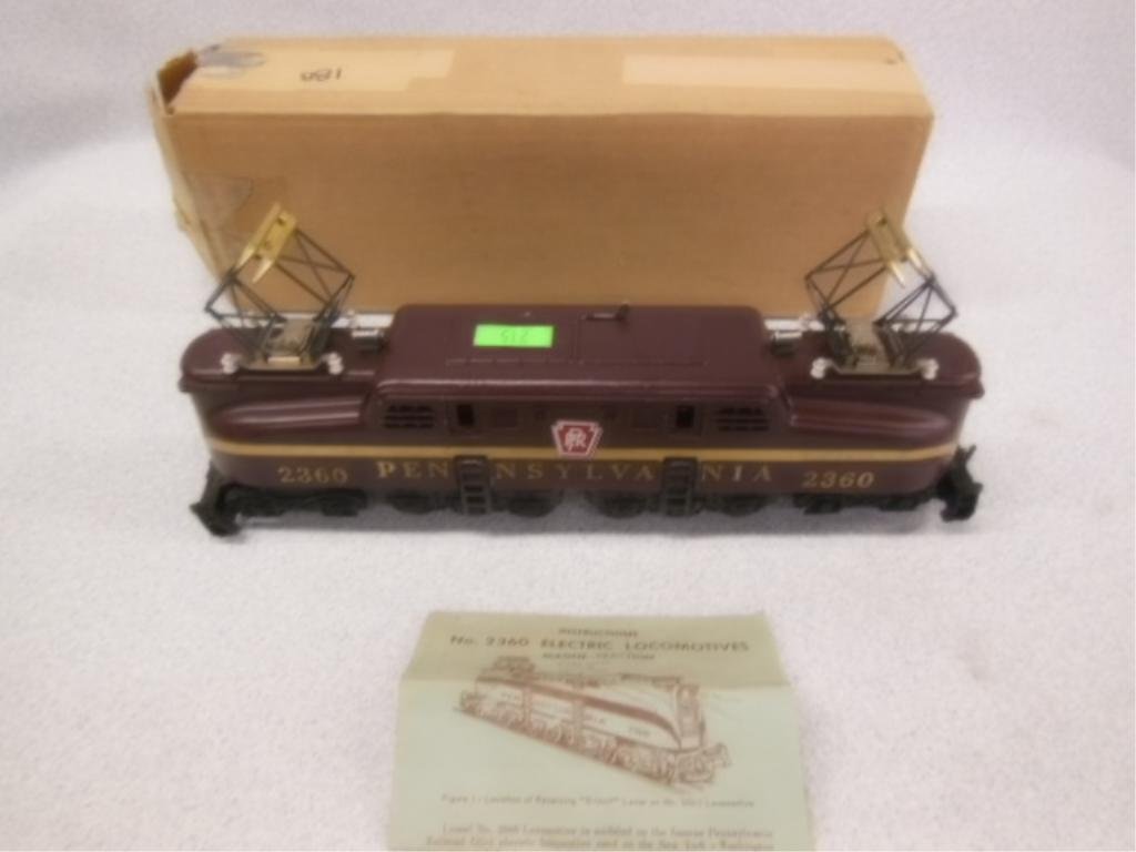 Lionel O gauge Pennsylvania electric locomotive: Lionel post war, O gauge Pennsylvania electric locomotive No. 2360, in original shipping box with instructions Condition; some wear from age and use