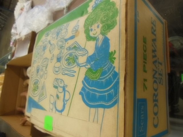 Vintage Sears plastic Coronaware toy dishes: Vintage Sears plastic Coronaware toy dishes, in original box, Condition; some pieces may be missing from original 71 piece set, some wear from age and use