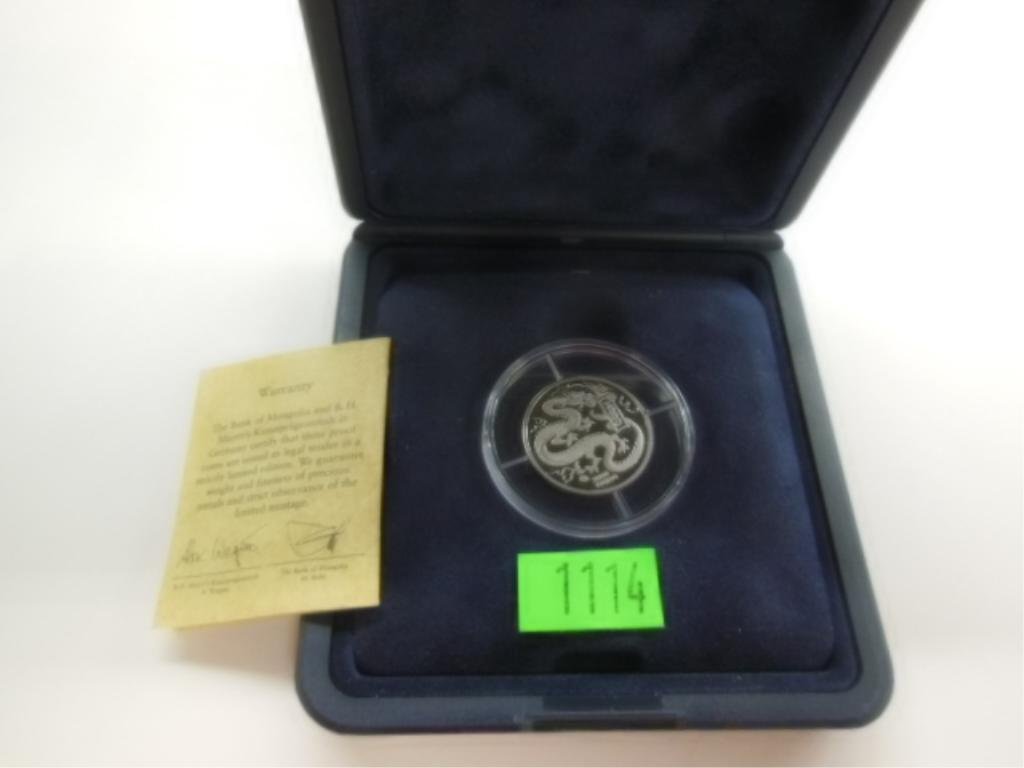 Year of Dragon Platinum Coin: Year of Dragon Platinum Coin, Mongolia 3000 Togrog. C.O.A. 330/2000 1/4 oz pt. CONDITION: No issues identified.