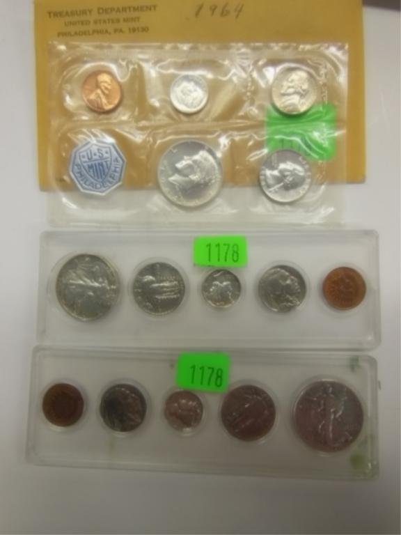 Two (2) Type Sets & 1964 Proof Set: Two (2) Type Sets & 1964 Proof Set, Type sets each w/Indian head cent, buffalo nickle, mercury dime, Standing Liberty quarter & Walking Liberty half dollar, $1.70 silver face value. CONDITION: Good to