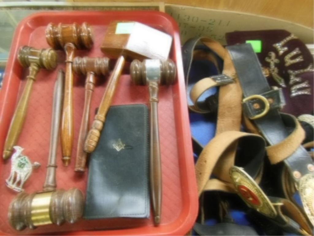 Lot Mason's & Shriners collectibles: Lot Mason's & Shriners collectibles including gavels, camel hat badge (with rhinestones), belts buckles, pants, shirts, Lulu fez Condition; some wear from age and use