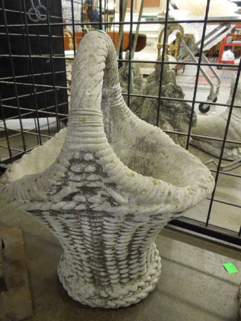 Massarelli's Concrete Basket Planters: Pair of Massarelli's 1993 signed & dated 21" (height) x 17 1/2" (length) x 13" (width) concrete #6578 small Victorian basket outdoor garden planters. CONDITION: Both with areas of wear & weathering. o