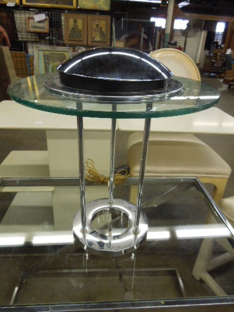 1987 Robert Sonneman Chrome Lamp: 1987 Robert Sonneman chrome and glass lamp, made exclusively for George Kovacs, halogen bulb. CONDITION: Small bend in under cap.