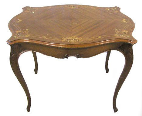 Louis XV style tea tables: Louis XV style tea tables, mahogany with mother of pearl & exotic wood flora & scroll inlaid serpentine tops with conforming aprons, long cabriole legs with acanthus carved knees & petite scroll feet,