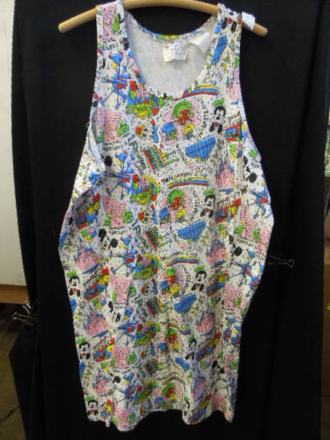 Ken Done Disney Cotton Dress: Walt Disney company sleeveless cotton dress, originally designed by Ken Done, one size fits all, featuring WDW attractions. CONDITION: No issues identified.