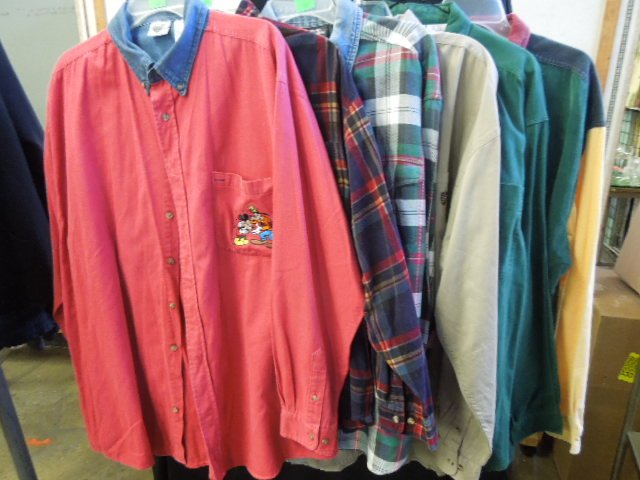 11 Long Sleeve Disney Shirts: Disney shirts most 100% cotton, all (XL), Disney catalog, Disney Store, Mickey Inc., all with Mickey or Mickey and other character patches or hand stitched on front pocket, one with original price tag