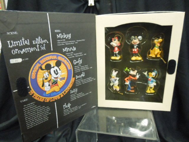 1998 Disneyana Ornament Set: 1998 Official Disneyana Convention, "75 Years of Love and Laughter, six piece Mickey and Friends ornament set in original box, limited edition 382 / 1500 with Certificate of Authenticity. CONDITION: N