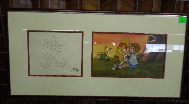 Framed Disney Original Cel & Drawings: Framed Walt Disney television original production cel and clean-up drawing "Nothing but the Tooth" from the New adventures of Winnie the Pooh, show 11A, scene 174 double matted and framed, 15 1/2" x 3