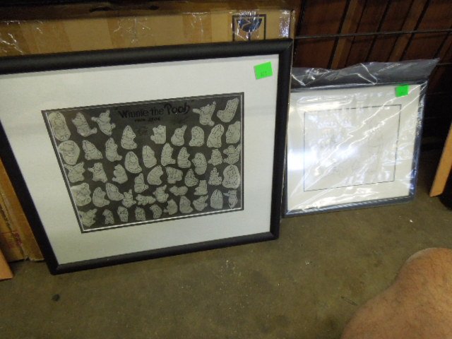 Framed Winnie the Pooh Drawings & Other: Framed pencil cut out drawings, Winnie the Pooh in different positions, production 2504, matted and framed, 18" x 21", plus one framed pencil drawing, Winnie the Pooh with friend and Christopher Robin