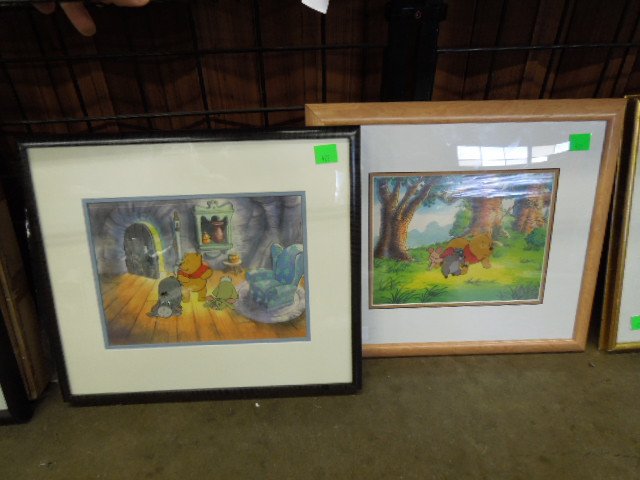 Framed Disney Pooh Original & Sericel: Framed Walt Disney television original production cel, from the New Adventures of Winnie the Pooh, 16 1/2" x 19", with Certificate of Authenticity and Disney Winnie the Pooh sericel, 17" x 19" both do