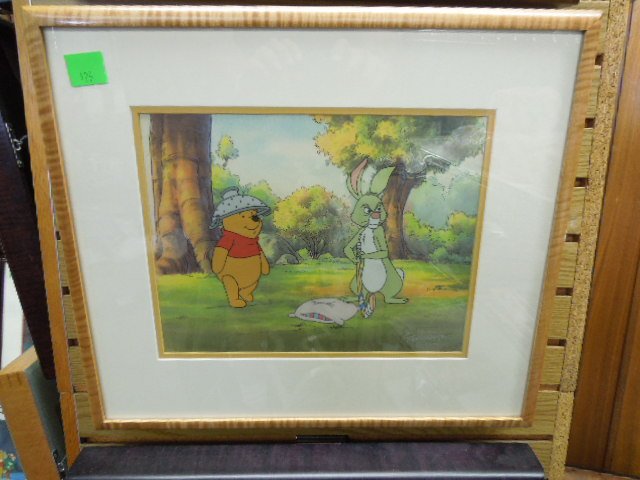Framed Disney Original Pooh Cel: Framed Walt Disney television original production cel "The Masked Offender", from the New Adventures of Winnie the Pooh, double matted and framed, 16 1/2"h x 19" with Certificate of Authenticity in en