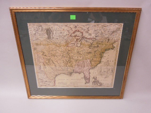 Framed Map Province of Mississippi: Amplissima Regionis Mississippi Sue Provinalae North of the land of the Gauls, R.P. Ludcvico Hennepin Francisa, Ano. 1687, Io Bapt, Hamanno S.c. M. geographer, with inset figures with bulls (top left 