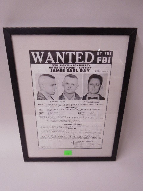 Framed James Earl Ray Wanted Poster: Framed James Earl Ray wanted poster, wanted by the FBI, Civil Rights, conspiracy, interstate flight - robbery, FBI No. 405, 942G, with three photos, aliases and description, wanted flyer 442-A, april 