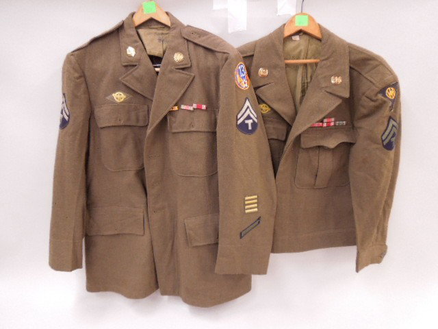 Pr of WW II U.S. Army Uniform Jackets: Pair of WW II U.S. Army uniform jackets, one short size 40s, one long size 42 short. Includes: pins and patches. CONDITION: Fair, Normal wear.
