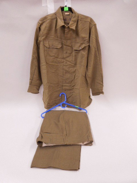 WW II U.S. Military Shirt & Pants: WW II U.S. military shirt and pants, shirt size 16-33, pant 36w - 31I. CONDITION: Fair, normal wear.