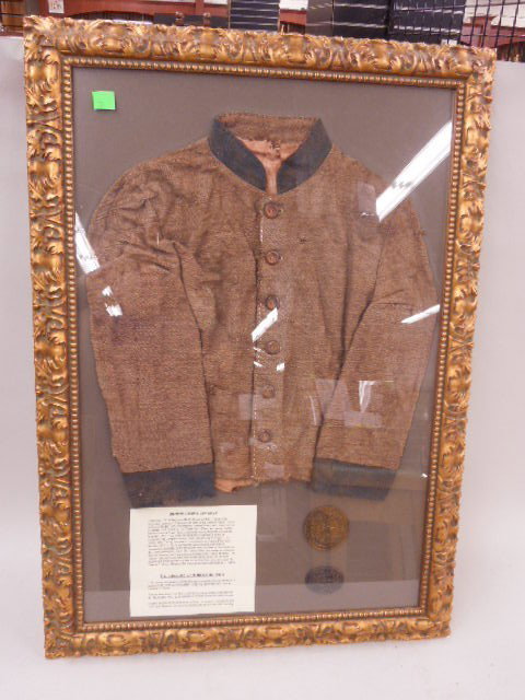 Civil War N.C. Regiment Jacket: Civil War Confederate Regiment jacket, Company 1, Sixth Regiment North Carolina State Troops, with 4" medallion "The Confederate States of American - Deo Vindice" (Vengeful God) and cast pewter belt b