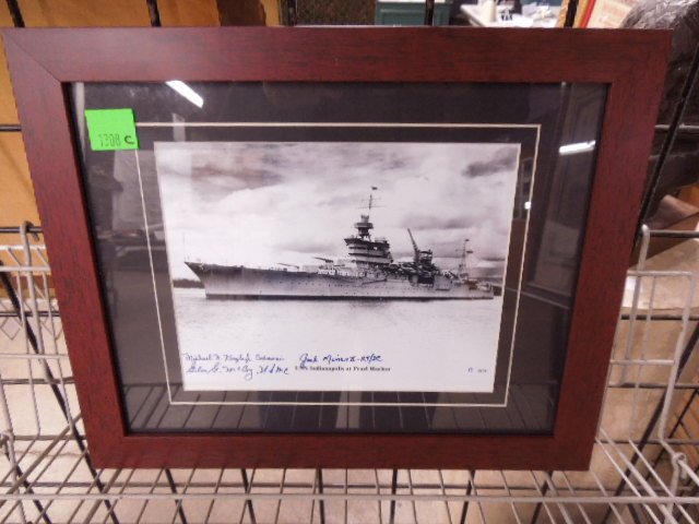 Franklin Mint "USS Indianapolis Pearl Harbor" Photo: Franklin Mint "U.S.S. Indianapolis Pearl Harbor" signed photo from survivors. Signed by Jack Minor, Giles McCoy & Michael Kuryla. CONDITION: Good, certificate on back.