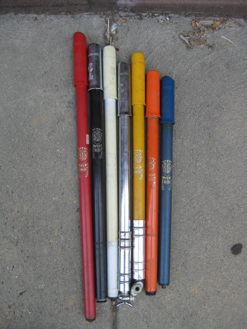 Lot of 7 Silca Impero frame pumps: Lot of 7 Silca Impero frame pumps. Varying lengths and colors. Two of them have pump heads, one is a steel Campagnolo pump head and the other is a plastic Silca head. Some work, some need maintenance 
