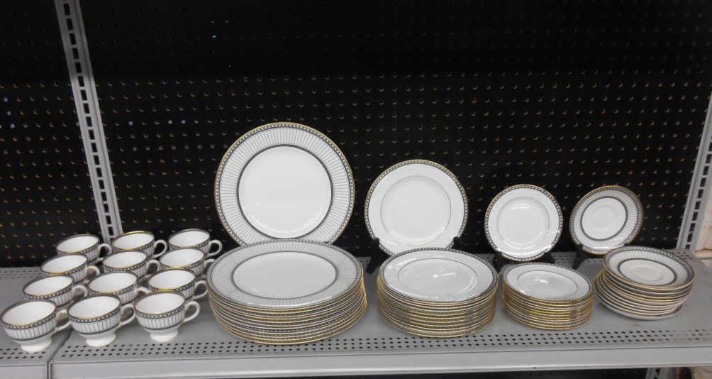 Wedgwood Colonnade Black China Service: Circa 1980's - 1990's Wedgwood bone china Colonnade Black pattern sixty piece china service for twelve includes: twelve 10 5/8" (l) dinner plates, twelve 8 1/2" (l) salad plates, twelve 6" (l) bread a