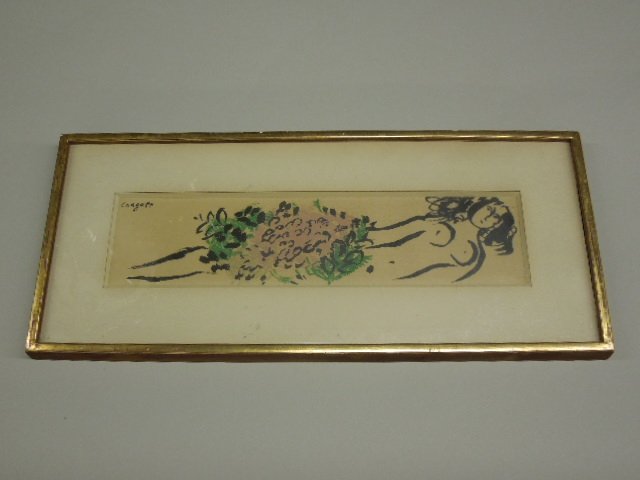 Chagall, Litho, Nude with Flowers: [Marc] Chagall, signed, colored lithograph, nude with flowers, c. 1950. 19 1/4"h x 8" w = frame. CONDITION: Not examined out of frame, moderate toning throughout.