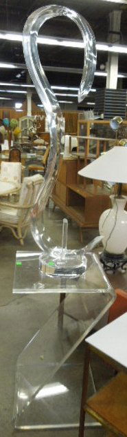 Van Teal signed Lucite Sculpture on Pedestal: Van Teal signed Lucite sculpture on pedestal, Lucite 48" 'S' form abstract sculpture on round base, along with a lucite 'Z' form pedestal (18" x 19" x 32"). CONDITION: Minor scratches primarily on bas