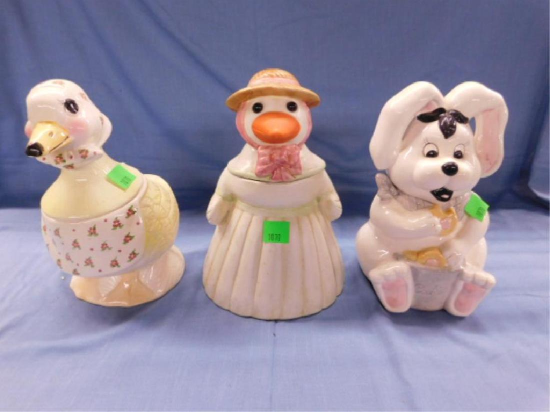 3 Ceramic Cookie Jars: Three ceramic cookie jars including: two duck form, one glazed with apron and head scarf, Weiss, made in Brazil, 11" and one unglazed, Mother Goose form, Over & Back Inc., made in Portugal, 11 1/2", p