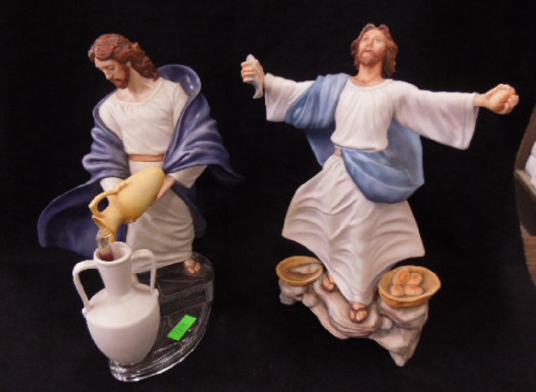 3 Franklin Mint Porcelain Religious Figurines: 3 Franklin Mint Porcelain Religious Figurines, Jesus, Water into Wine, 11", feeding the 5000, 11 1/4" and Sacred Heart, 11 1/2:, all with crystal bases. CONDITION: Fish and loaf figure loose from base