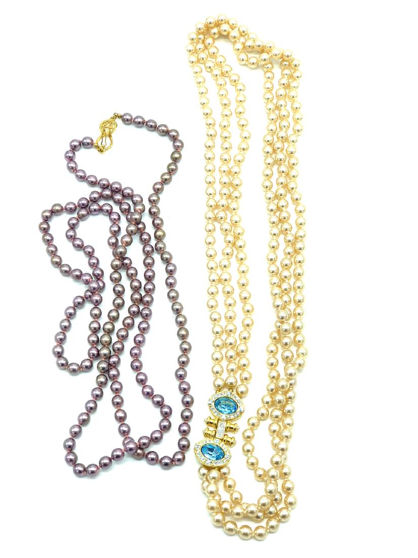 Lot of 2 Faux Pearl Necklaces Nolan Miller and Kenneth: 2 Nice Faux Pearl Necklaces. Nolan Miller with Auquamarine Rhinestone Clasp