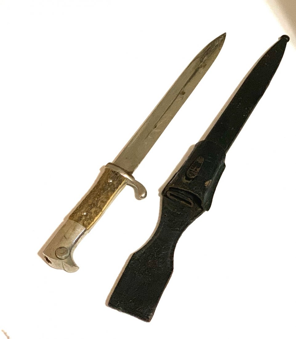 CARL EICKHORN SOLINGEN WWII GERMANY STAG HANDLE BAYONET: Uncleaned Carl Eickhorn Solingen Stag Handle Bayonet with Sheath. Measures approximately 15" with a 10" Blade