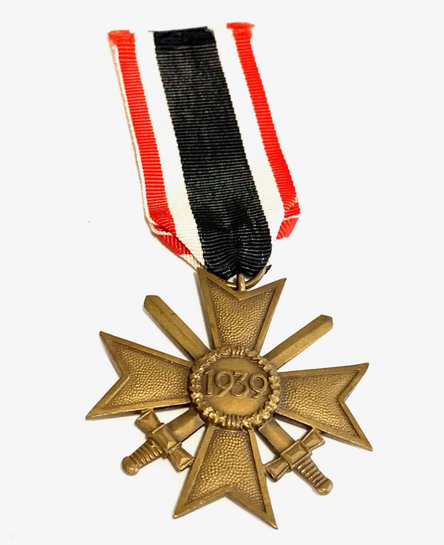 1939 WAR MERIT CROSS 2ND CLASS WITH SWORDS MEDAL: A 2 PIECE period original ribbon, bronze with a gold colored gilt, obverse with a raised central mobile swastika, the reverse with raised 1939. There is a marking on the toggle from ribbon to medal