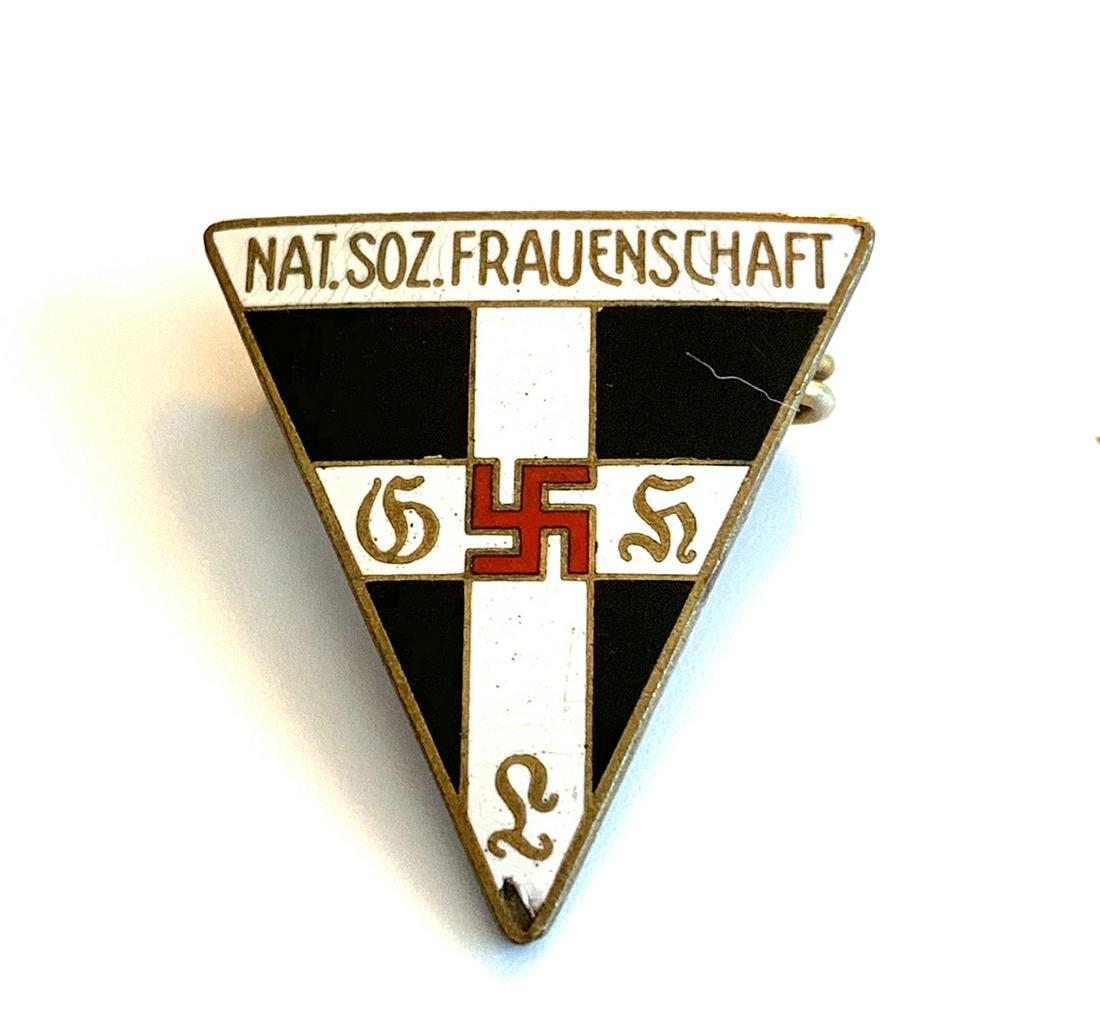 N.S. FRAUENSCHAFT PIN (GERMAN WOMENS WORKERS PIN): N.S. Frauenschaft Pin (German Womans workers pin) Enamel looks great, marked RZM and m1/13 on the reverse with a horizontal pinback