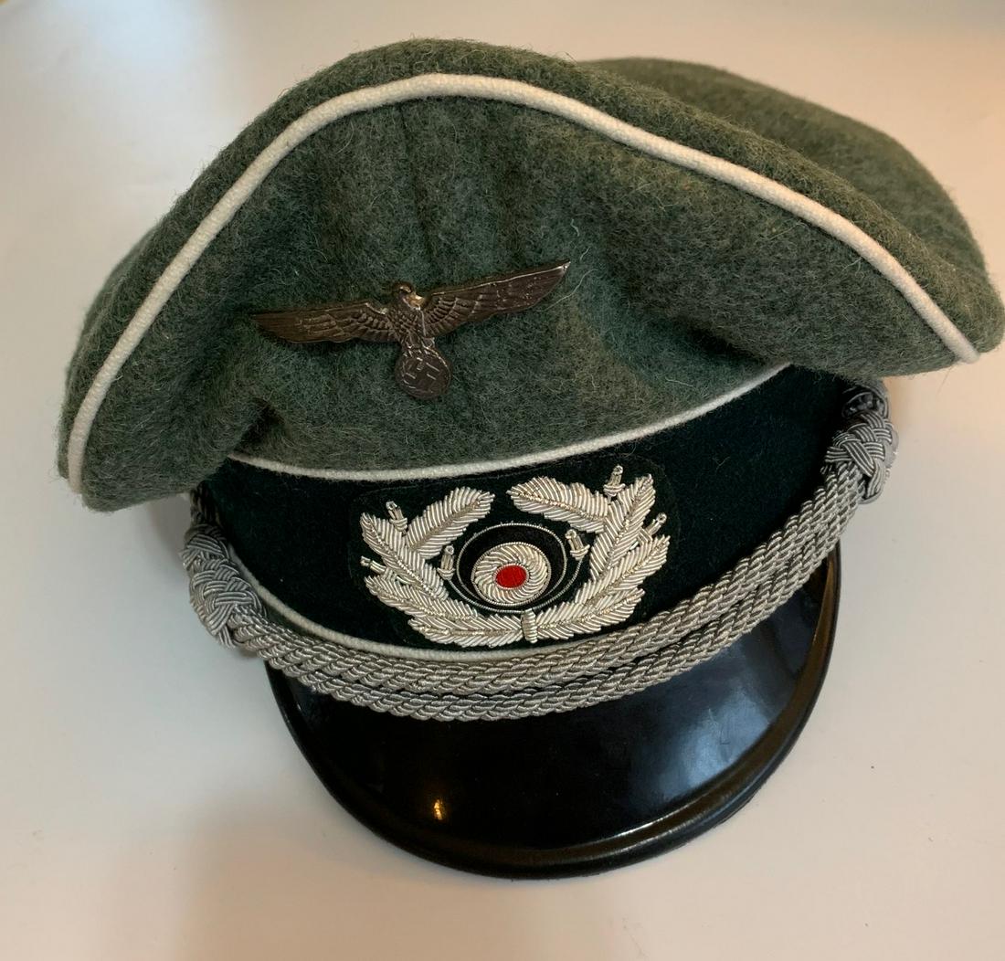 GERMANY, INFANTRY OFFICERS VISORS CAP EREL SONDERKLASSE: Infantry German Officers Visor Cap green/field grey wool Offizier Kleiderkasse Berlin. The front center of the Cap has a hand embroidered, oak-leaf wreath in silver/aluminum wire bullion threads. Silv