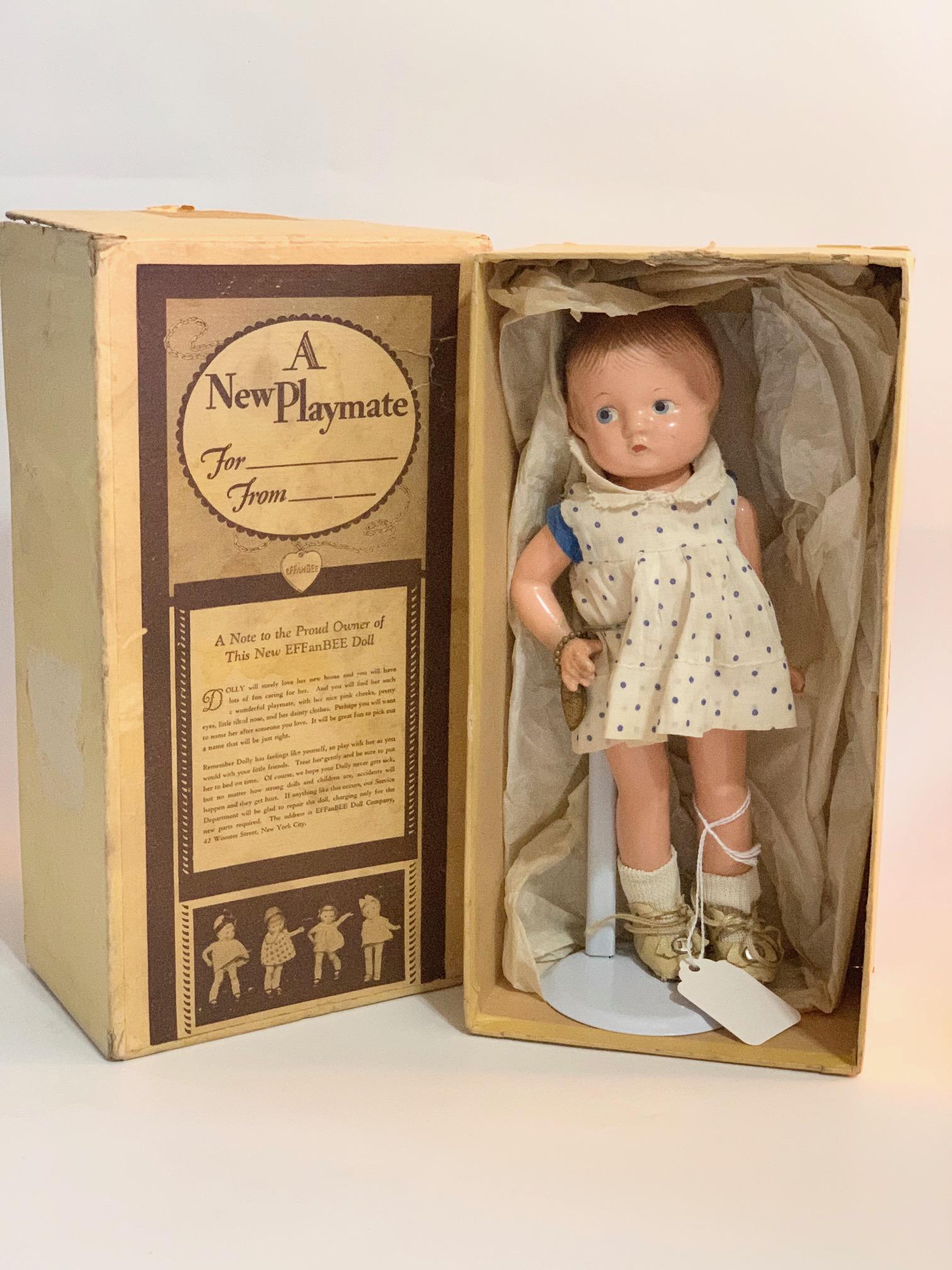 B2: Patsy Patsyette w/original box: Patsy Patsyette 9" Original tagged blue dotted swiss dress. In very good condition with original box. As we with all dolls this age, please refer to the photos as part of the description.