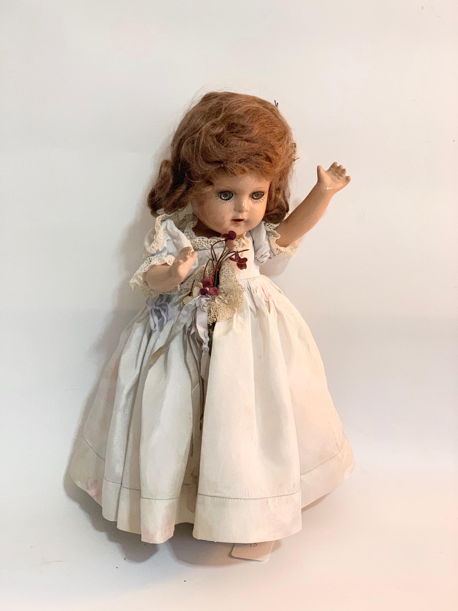 B2: Girl Doll Unknown Maker: Girl Doll unknown maker 13" composition in good condition with original dress, but poor condition; original underwear/pantaloons. We do our best to list all possible flaws, these are vintage/antique d